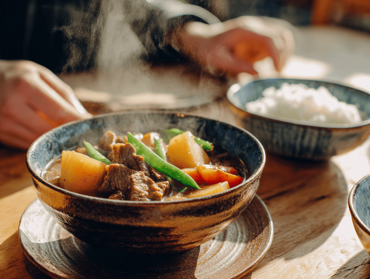 Nikujaga recipe: a bowl of Japanese simmered beef and potatoes with carrots and snow peas