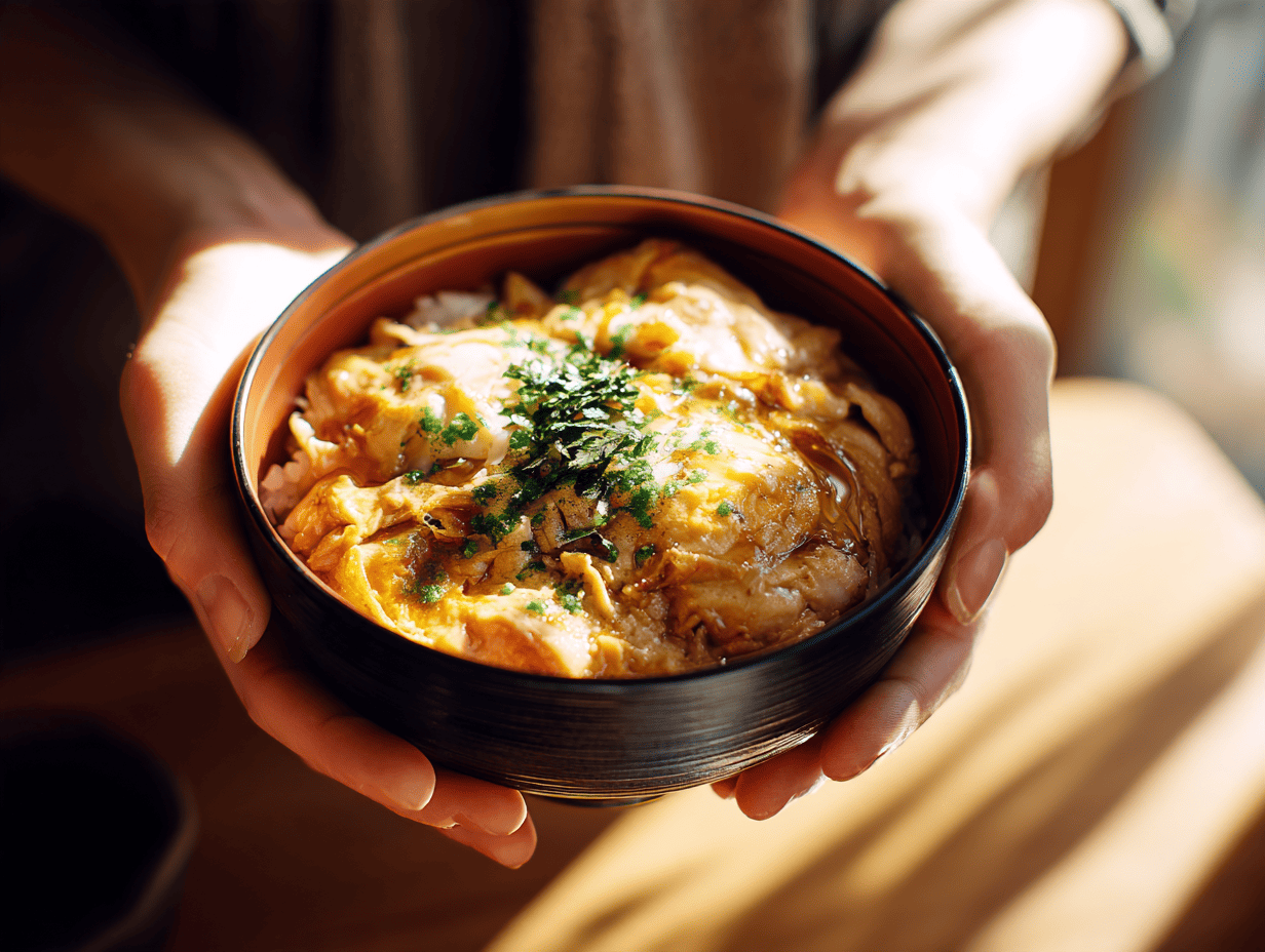 Hands serving an oyakodon recipe of chicken and soft egg over rice in a bowl