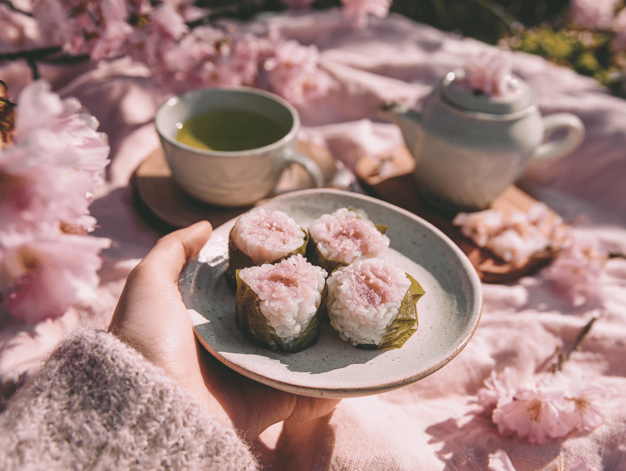 A hand holding a plate of sakura mochi under cherry blossoms, a sakura mochi recipe