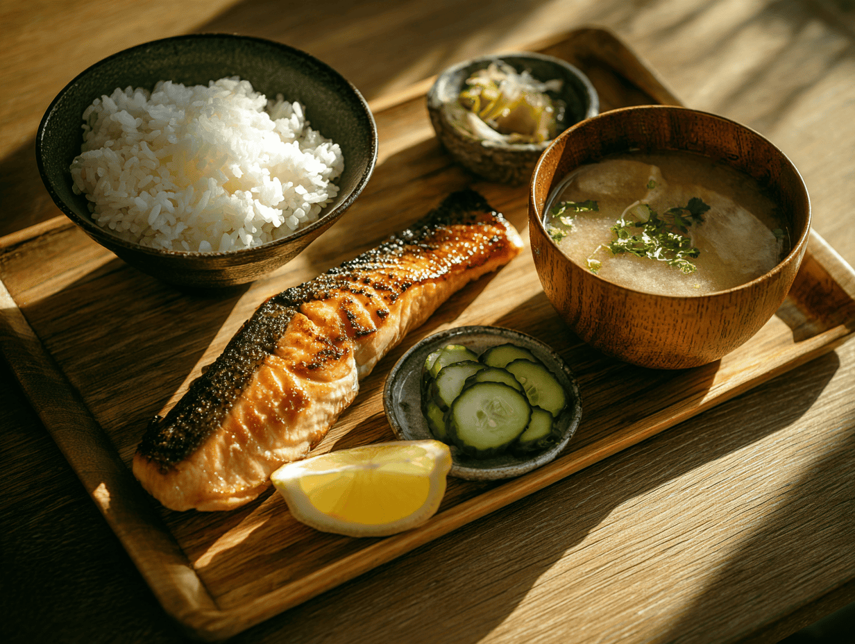 Shiozake salt-grilled salmon breakfast recipe with rice, miso soup, pickles and lemon
