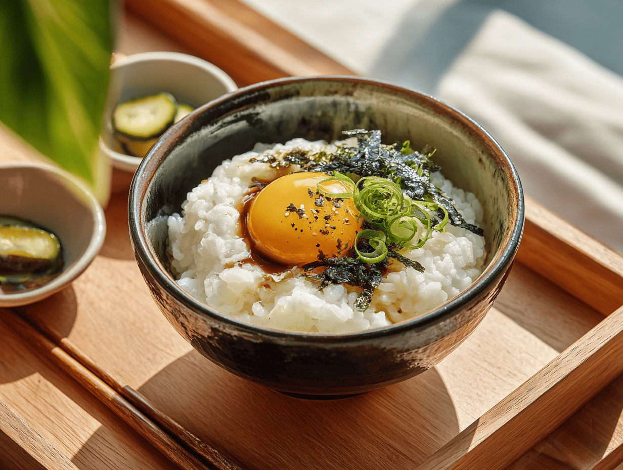 A bowl of hot rice topped with a raw egg and soy sauce