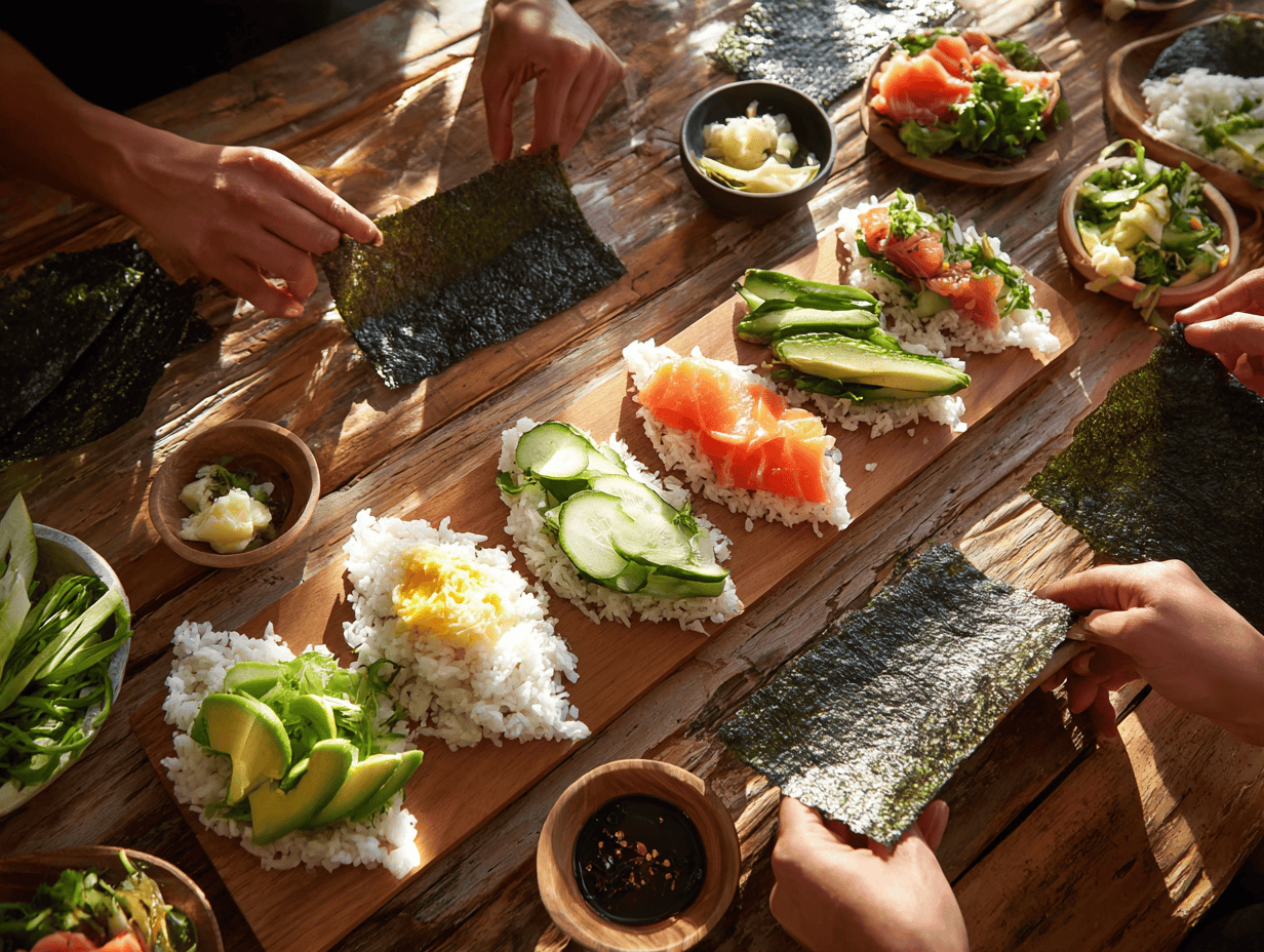 Temaki zushi recipe: hands rolling nori cones filled with sushi rice, tuna, salmon and cucumber at a shared table