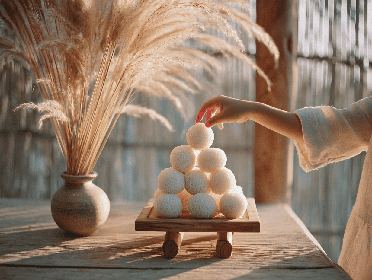 A child's hand reaching for tsukimi dango stacked for moon viewing, a tsukimi dango recipe