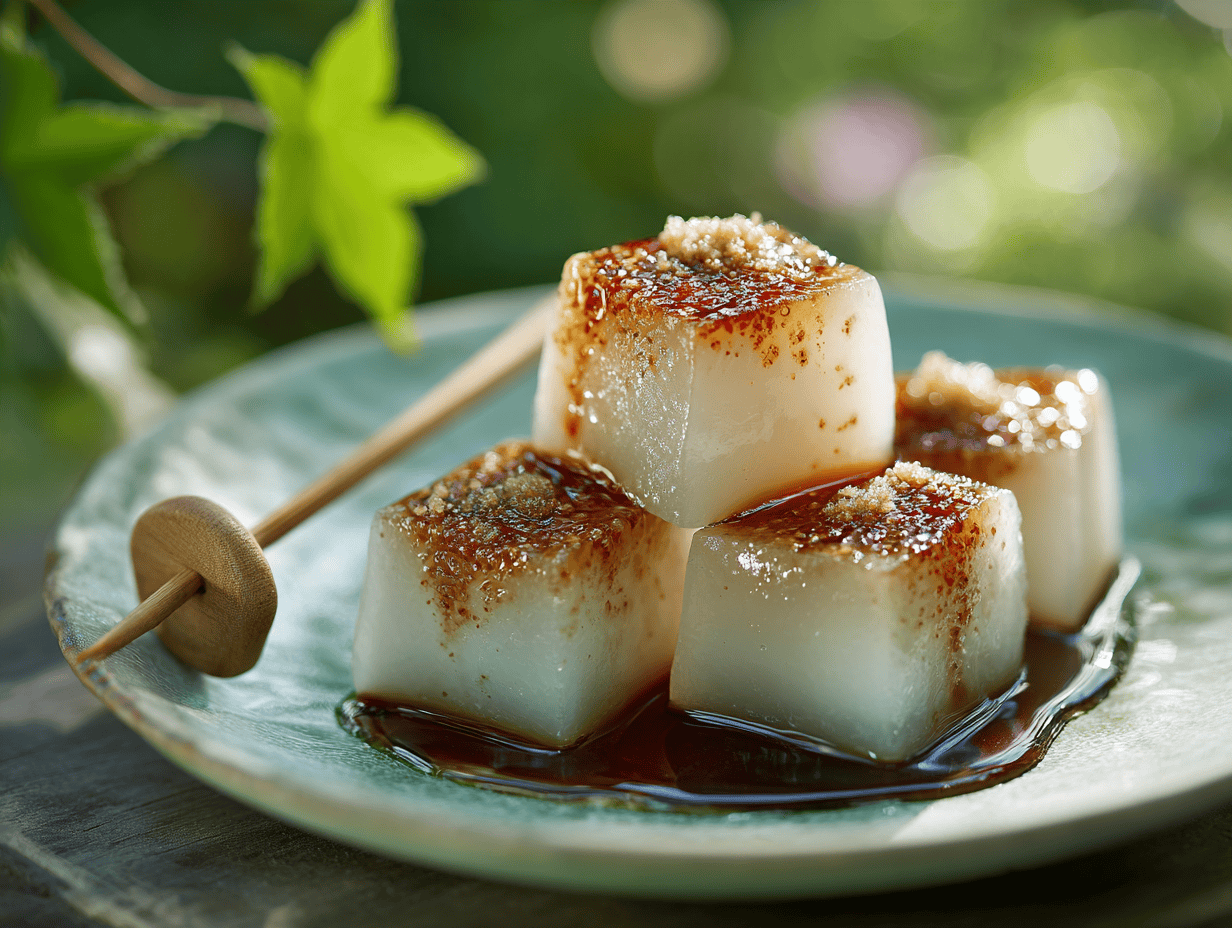 Warabi mochi recipe: cubes of bracken starch jelly dusted with kinako and drizzled with kuromitsu
