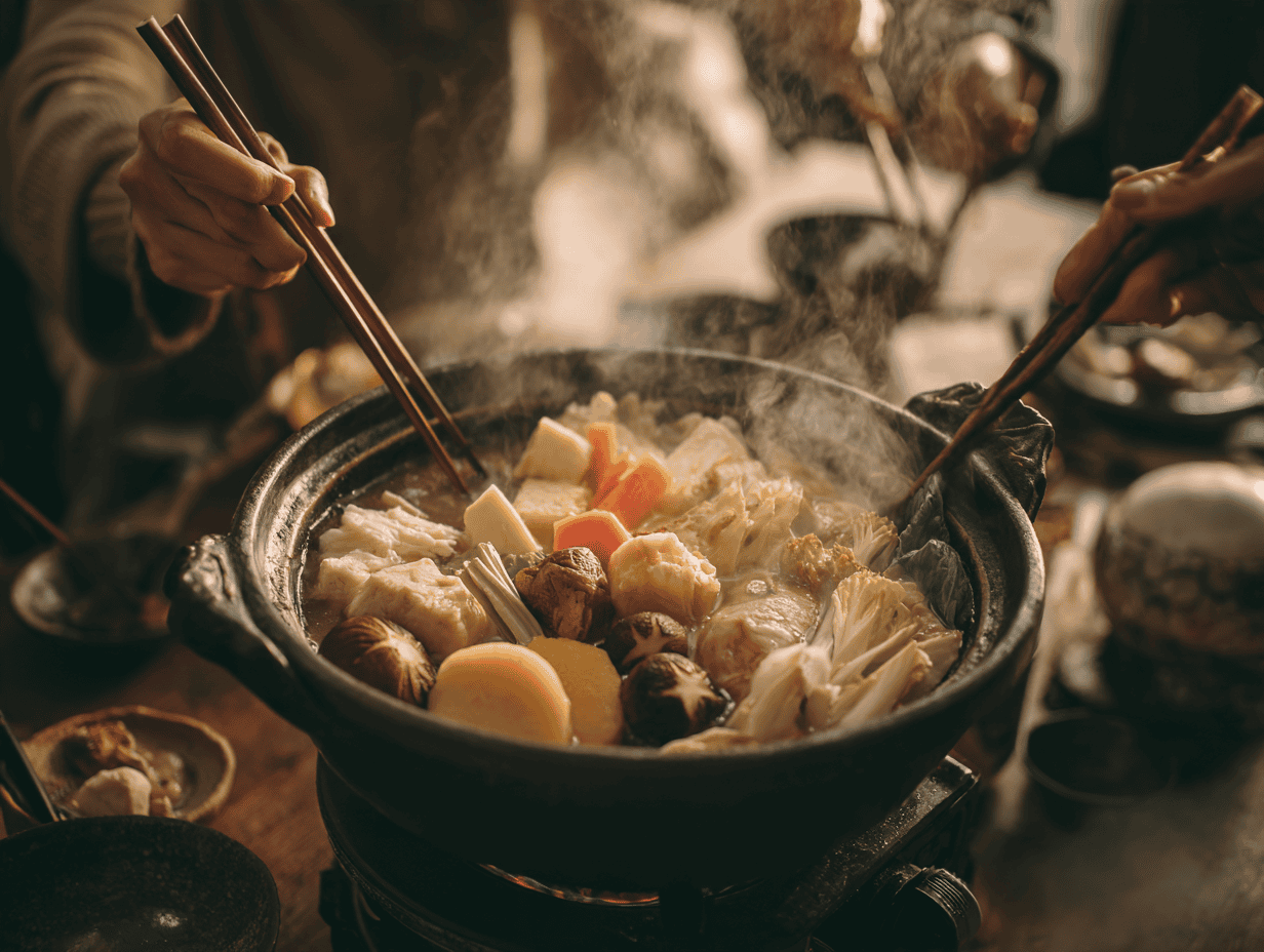 Yosenabe recipe: two people serving themselves from a steaming clay hot pot of tofu, mushrooms and vegetables in dashi