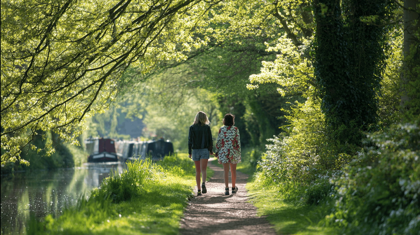 Two friends talking as they walk along a sunny tree-lined canal in spring, seen from behind