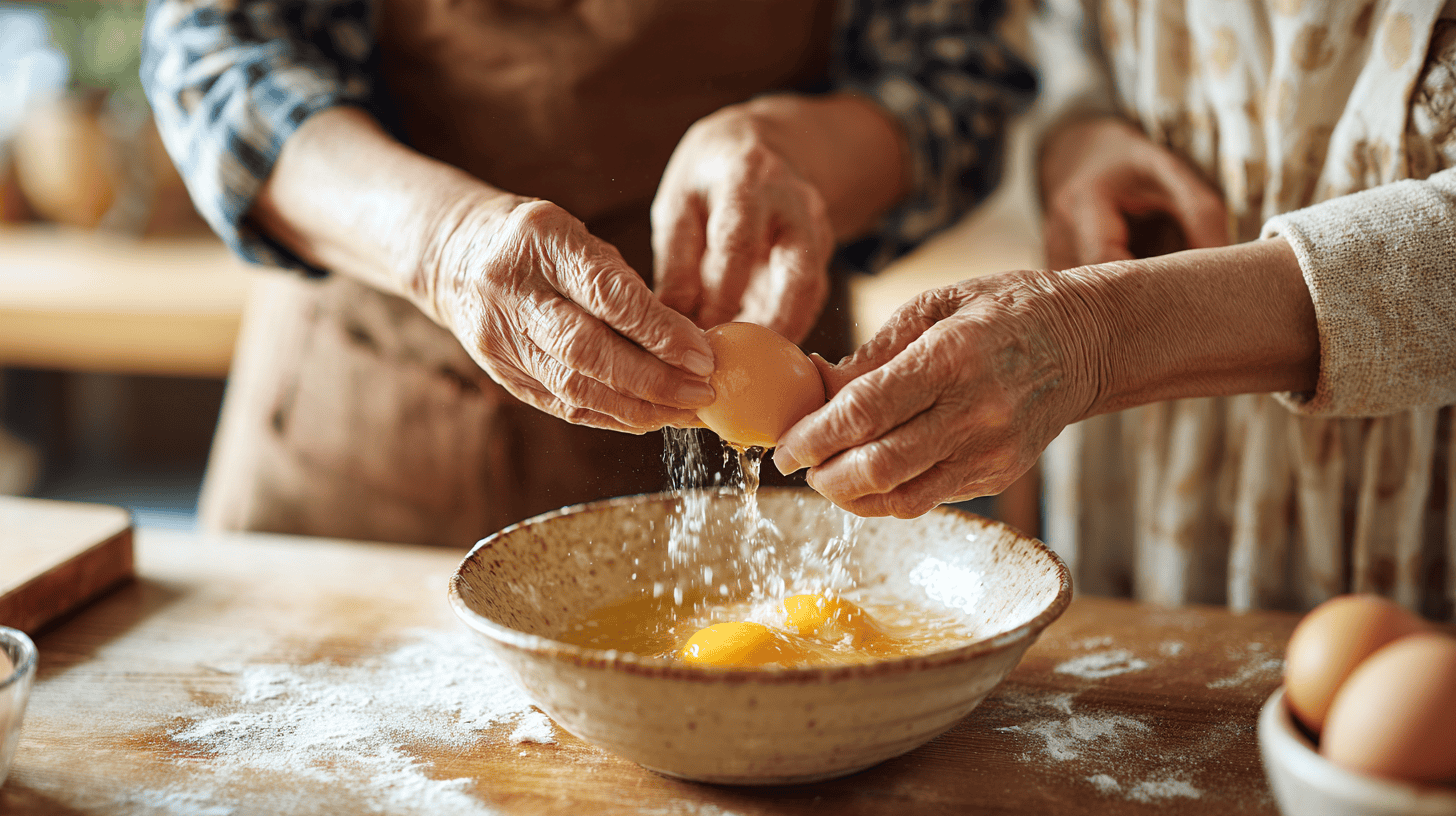 An older woman and her grown daughter cracking eggs into a bowl together in a sunny home kitchen, hands in focus