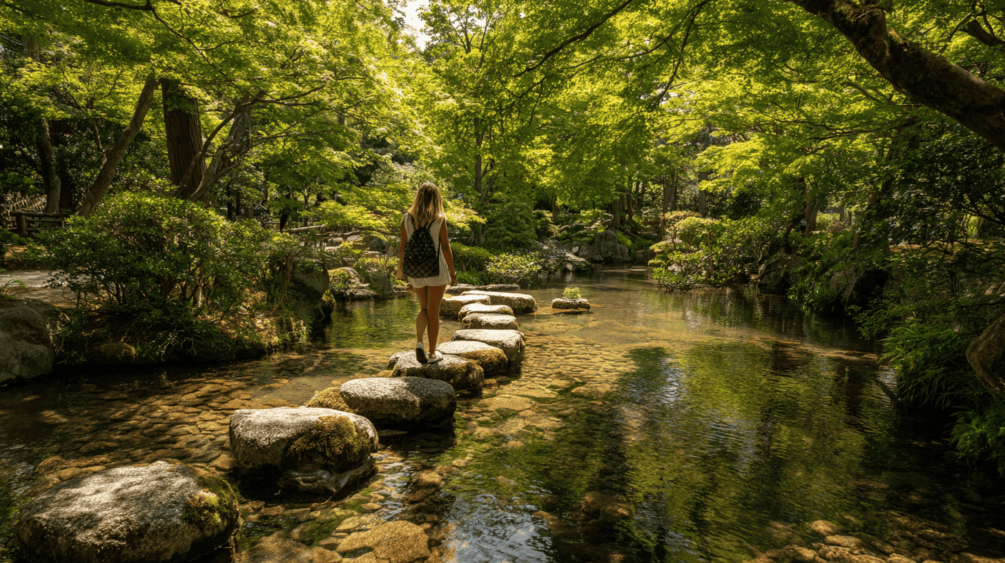 A woman crossing a stepping-stone path over a stream in a sunny Kyoto garden, how to break relationship patterns one step at a time
