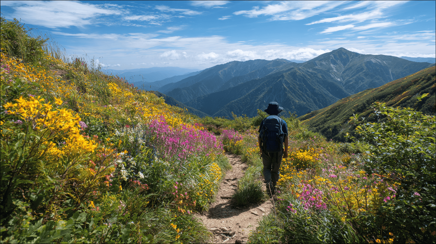 A hiker pausing at a fork in a sunny mountain trail in Nagano, the choice point in how to break relationship patterns