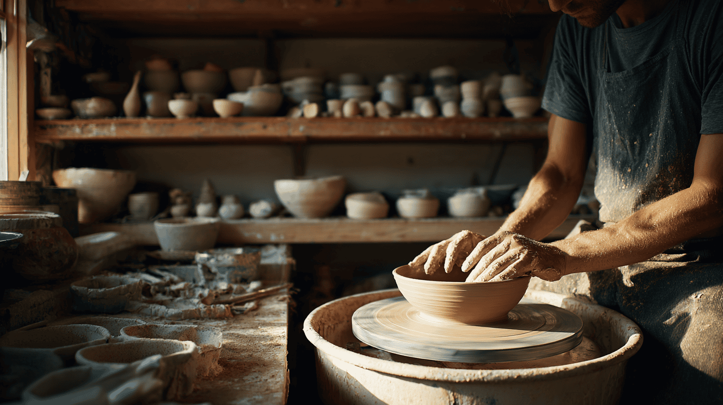 A person reshaping clay on a pottery wheel in a sunny workshop, practice as the heart of how to break relationship patterns
