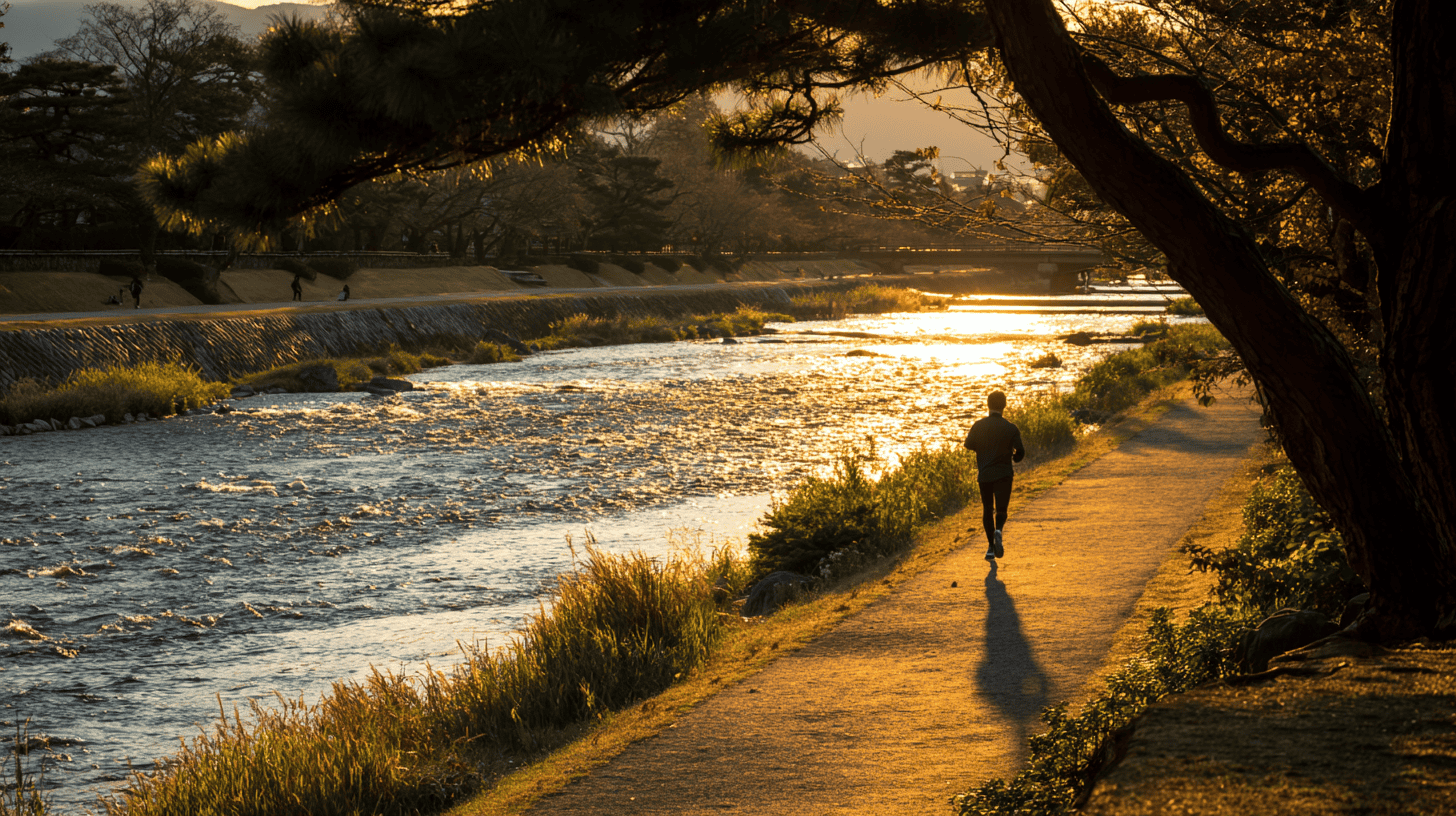 A person jogging along the Kamo River at sunrise, steady weekly progress in how to break relationship patterns