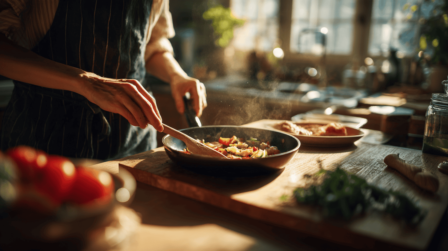 Hands cooking a simple dinner for one in a sunny small Japanese kitchen