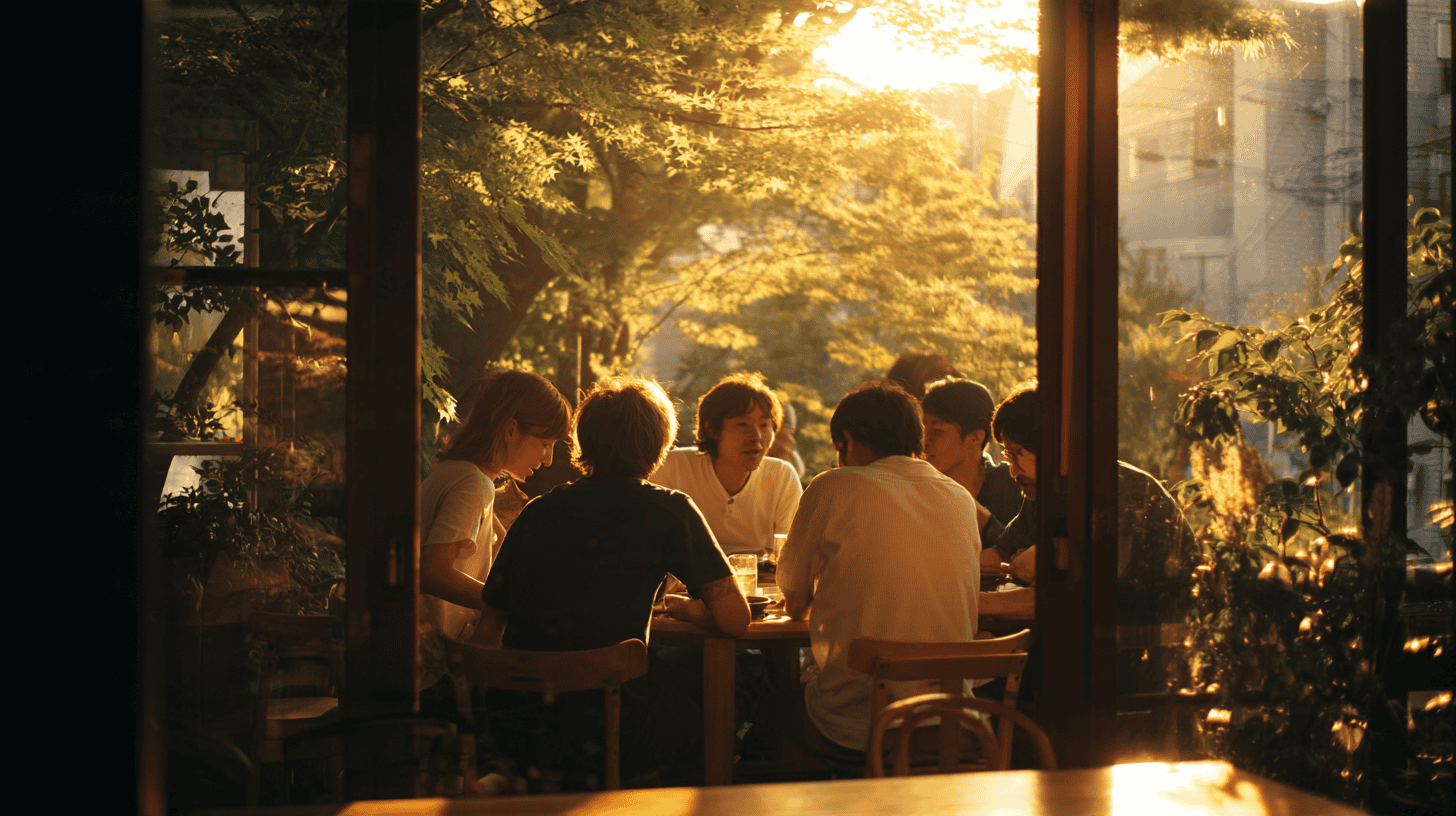 Friends of mixed ages laughing around a small table in a warm neighborhood restaurant in Tokyo