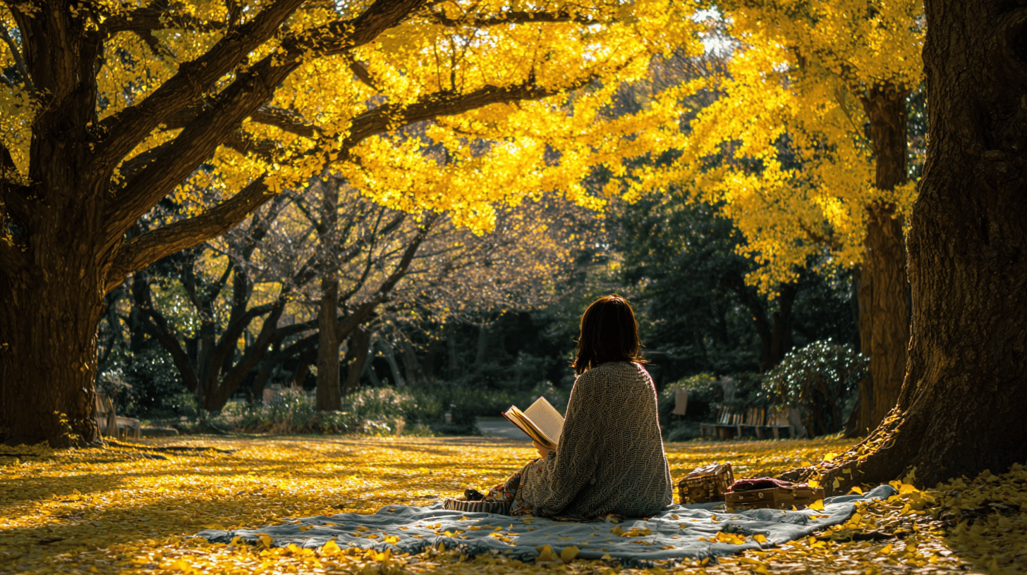 A person reading on a picnic blanket under autumn trees in a Tokyo park, taking time to ask am I ready for a relationship