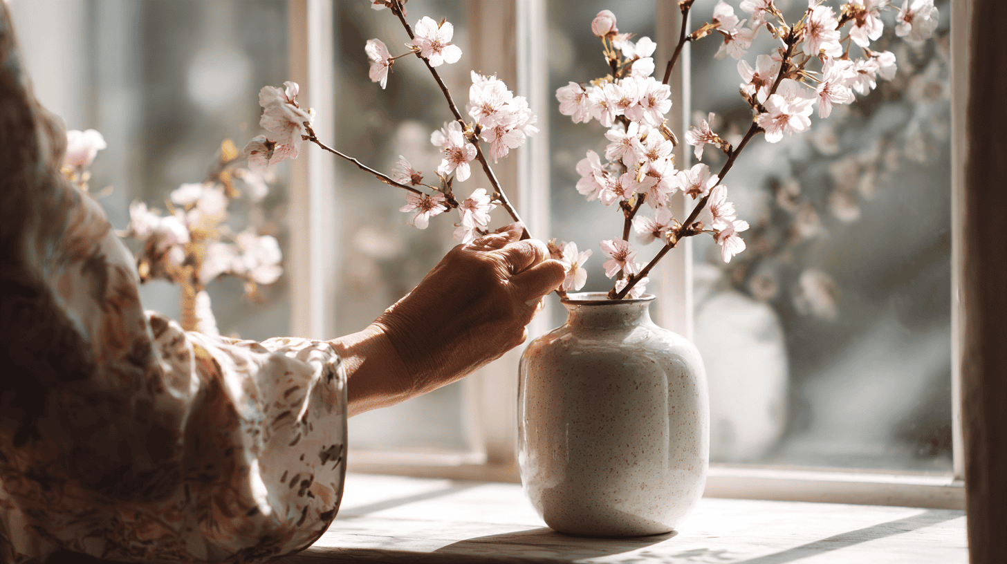 A woman's hands placing a blossoming branch in a vase on a sunny windowsill, mono no aware cherry blossoms at home