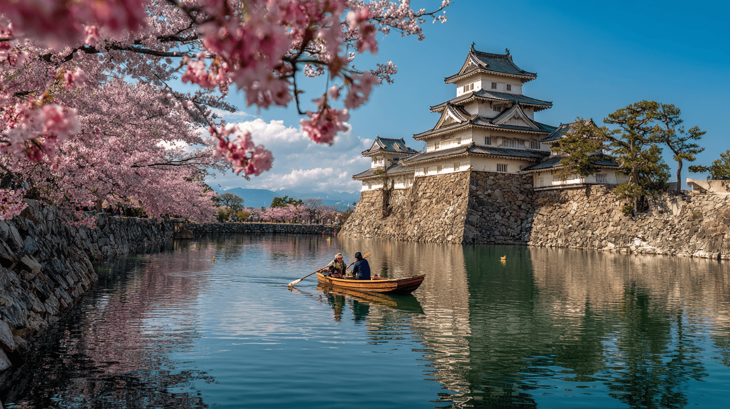 A couple rowing on a castle moat lined with cherry trees in bloom