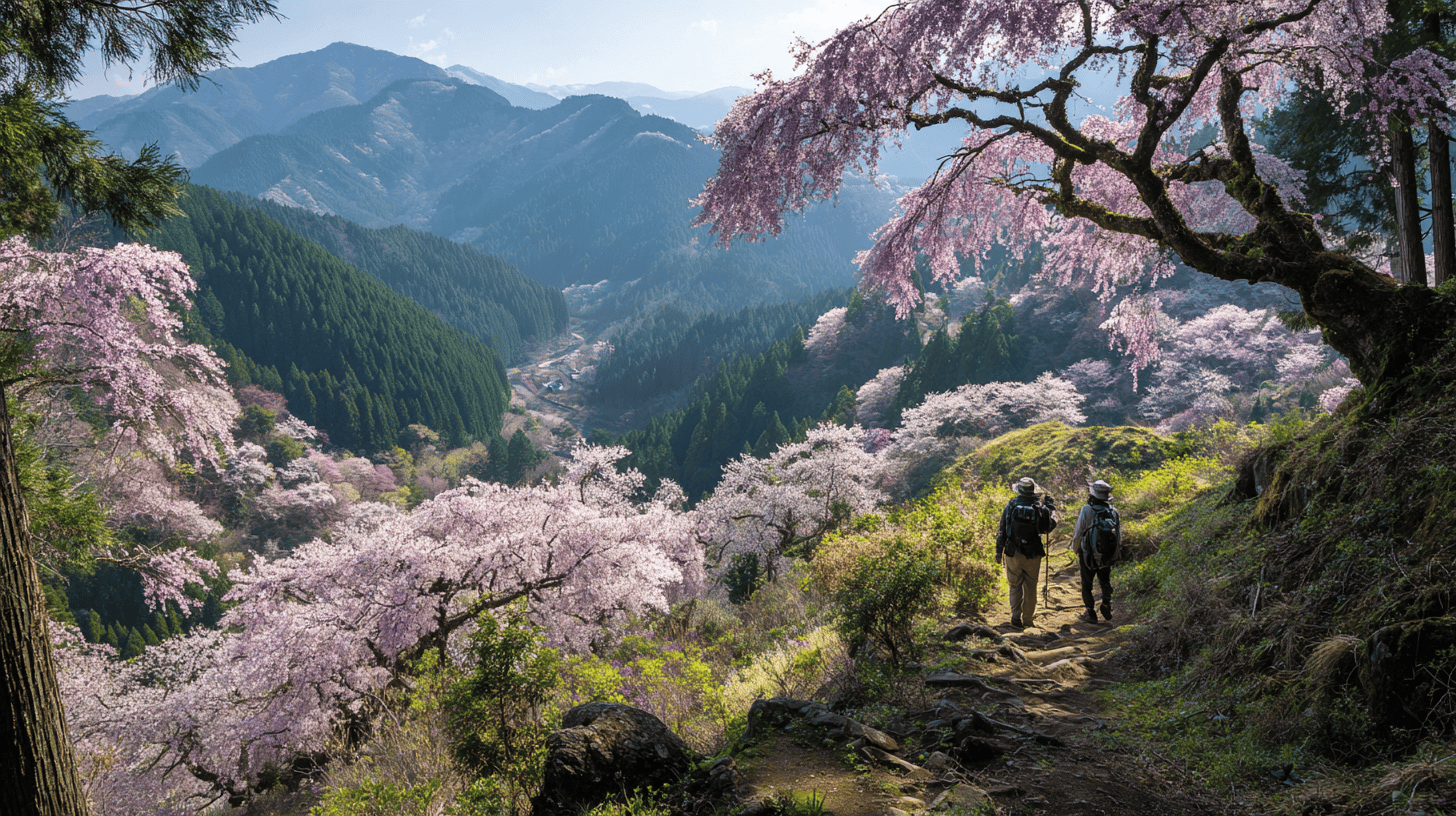 Two hikers looking out over hillsides of wild mountain cherry trees in bloom at Yoshino in Nara