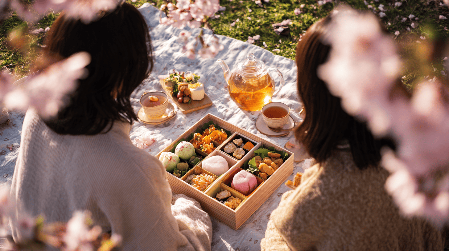 Friends sharing a hanami bento on a picnic sheet under blooming cherry trees
