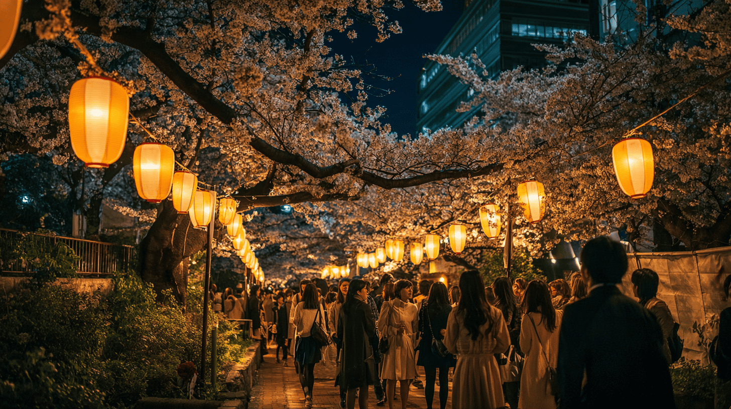 People strolling under lantern-lit branches at night, a festive evening of mono no aware cherry blossoms