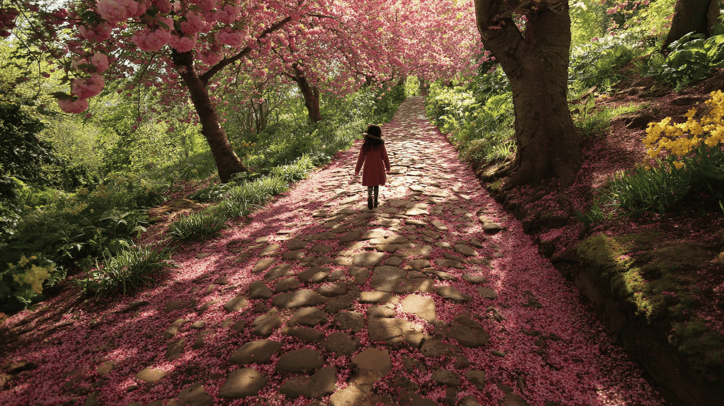 A little girl walking a stone path covered in fallen petals under fresh leaves, a gentle scene of mono no aware cherry blossoms