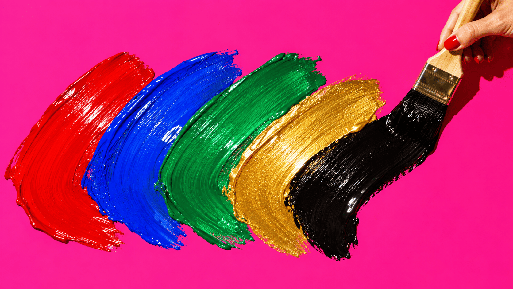 Is stroke order important? A hand finishing the last of five bold brushstrokes laid down in sequence, red, blue, green, gold and black, on hot pink