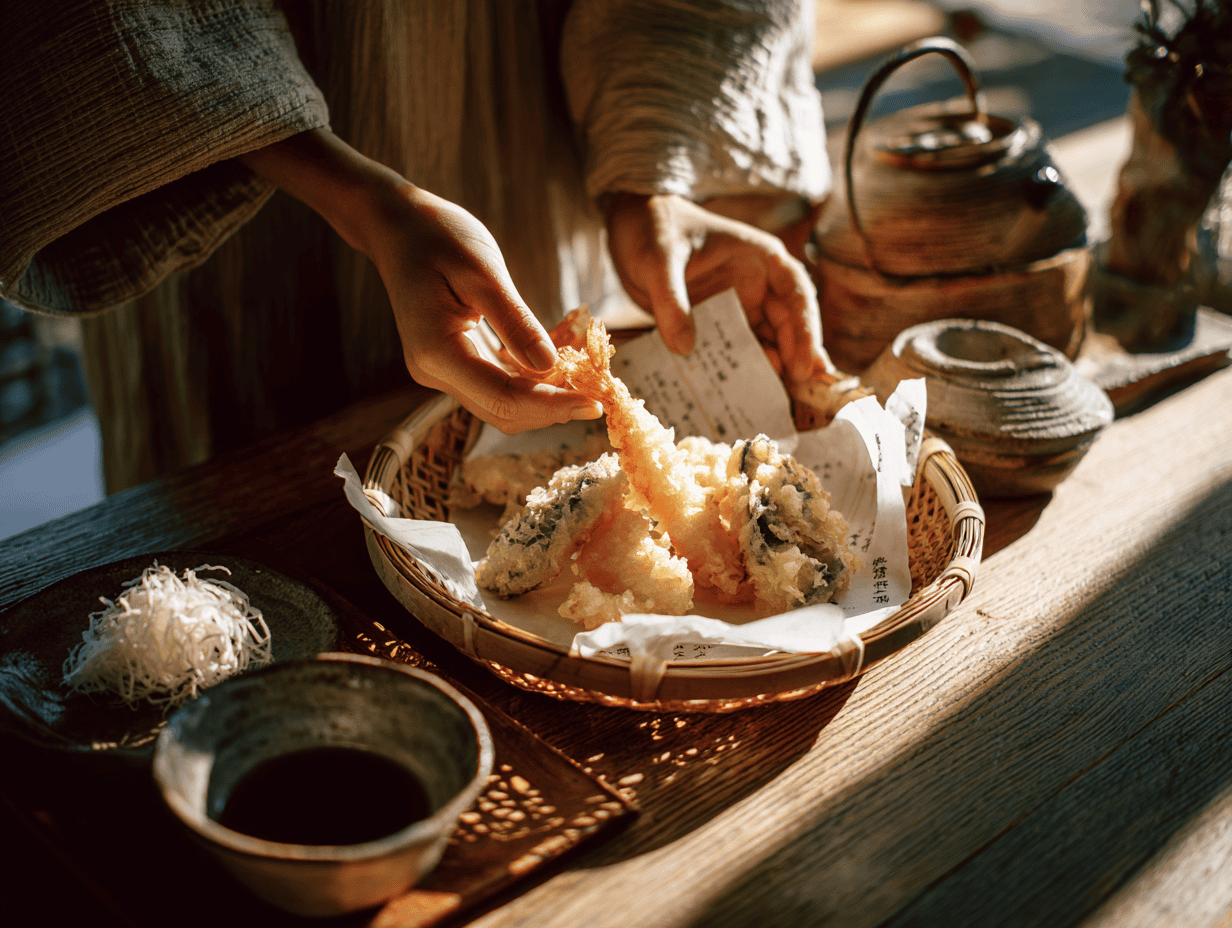 Ebi tempura prawns in a light, crisp batter, served in a woven bamboo basket with dipping sauce and grated daikon