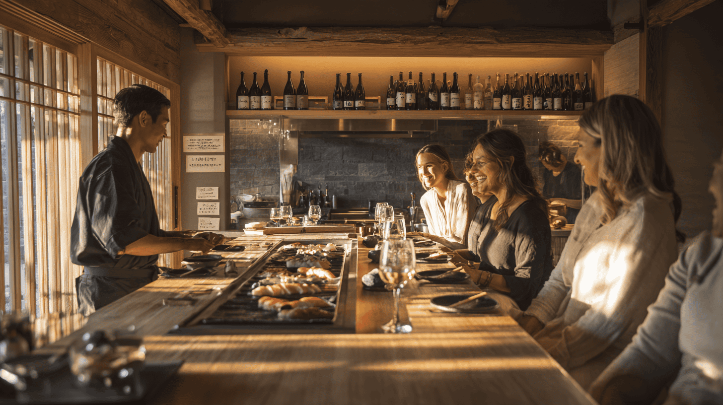 Among the unique dining experiences in Japan, the kappo counter: friends of mixed ages laughing at a wooden counter while the chef grills fish over charcoal in front of them, glasses of sake on the counter