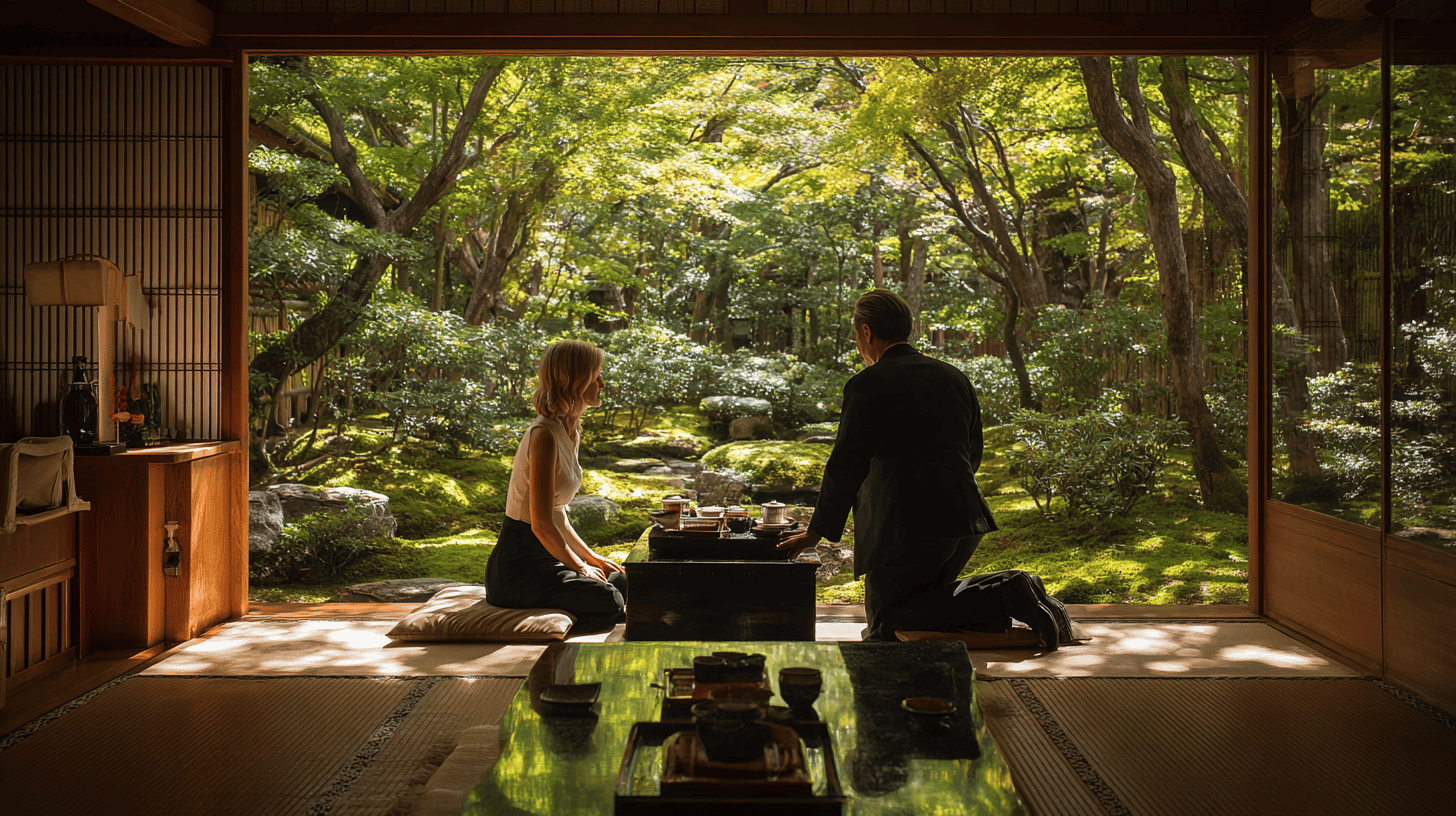 Unique dining experiences in Japan at a ryotei: a couple seated in a tatami dining room that opens onto a sunlit garden with moss and maples, a server kneeling to bring a lacquered box
