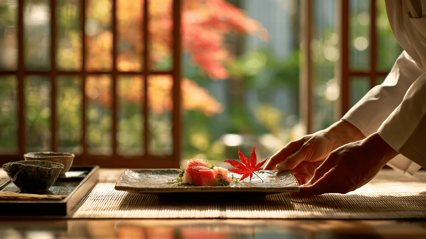 Unique dining experiences in Japan begin with the season: a server's hands setting a ceramic plate of sashimi with a single red maple leaf in front of guests in a sunlit private dining room, autumn garden visible through open screens
