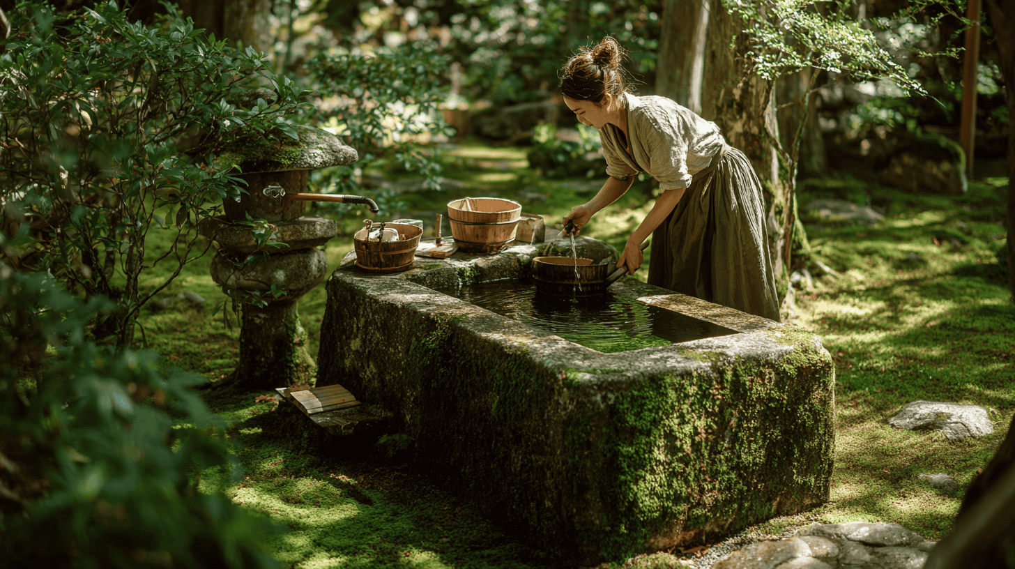 A woman drawing water from a stone basin in a sunlit Kyoto moss garden