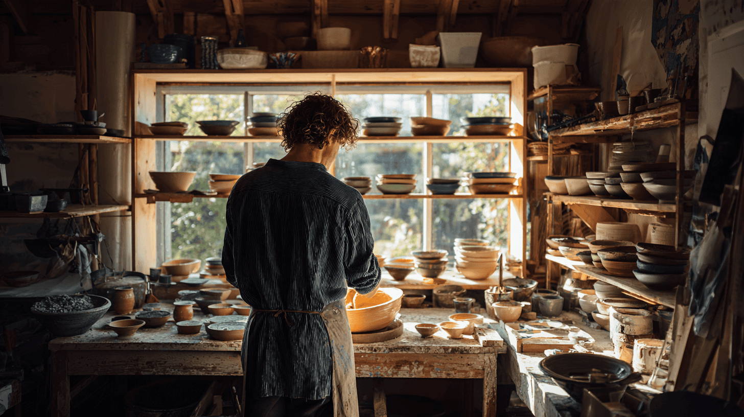 A potter glazing tea bowls in a sunny workshop, the craft behind mono no aware vs wabi sabi