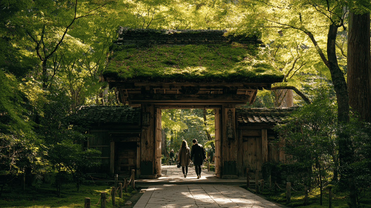 A couple walking through a weathered, moss-roofed temple gate, the texture side of mono no aware vs wabi sabi