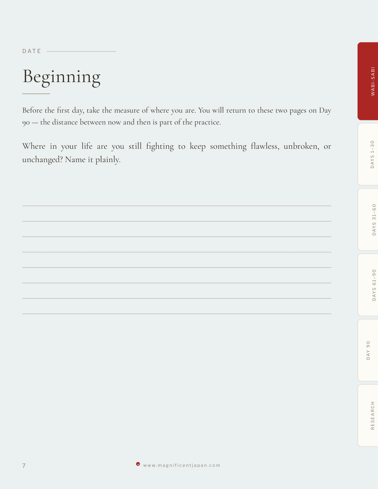 Wabi-Sabi journal Beginning page, where you name what you still fight to keep flawless