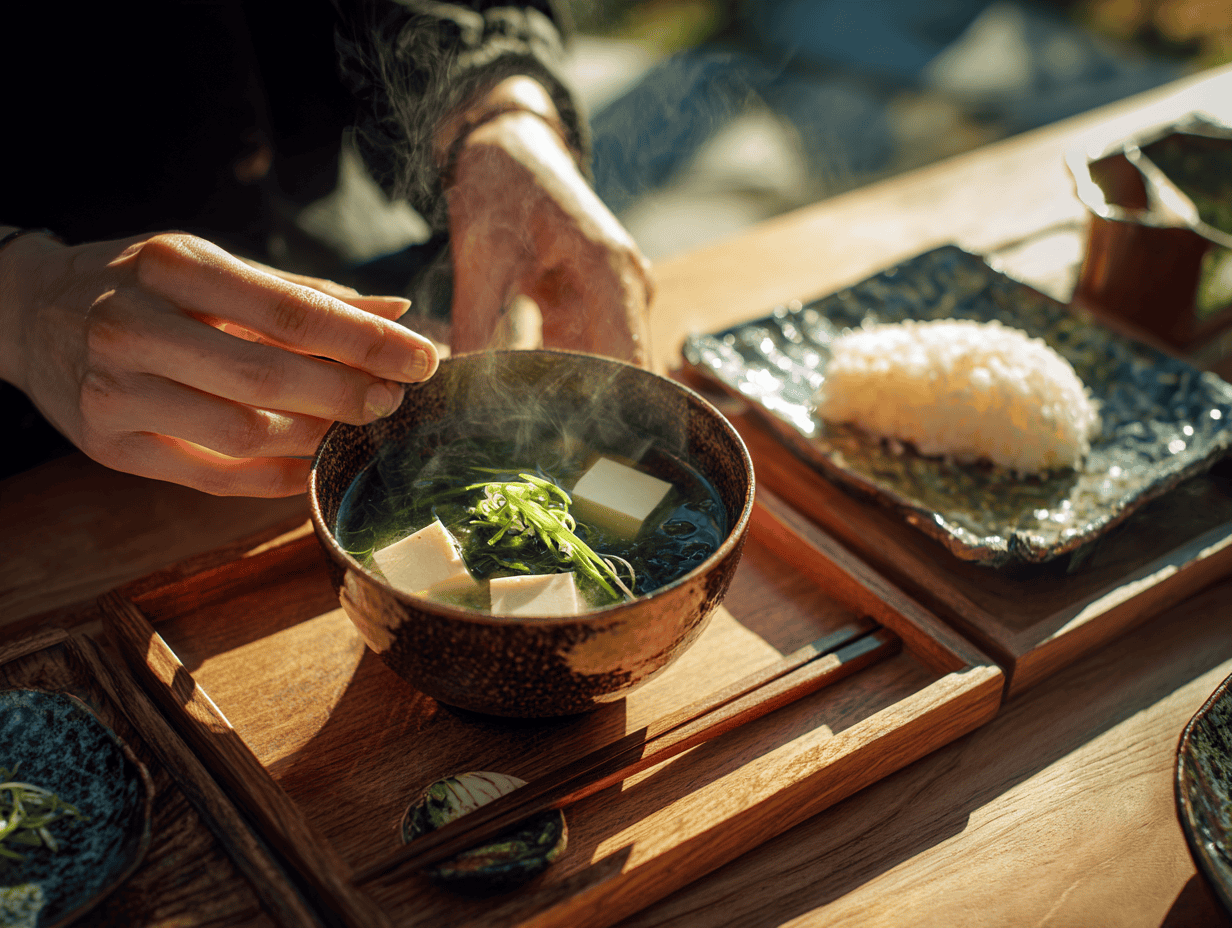 Miso soup recipe: a lacquer bowl with silken tofu, wakame and sliced green onion on a wooden breakfast tray beside rice and grilled fish