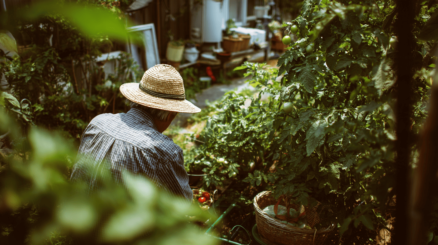 Older man in a sun hat tending tomato plants, a garden that shows what is ikigai in later life