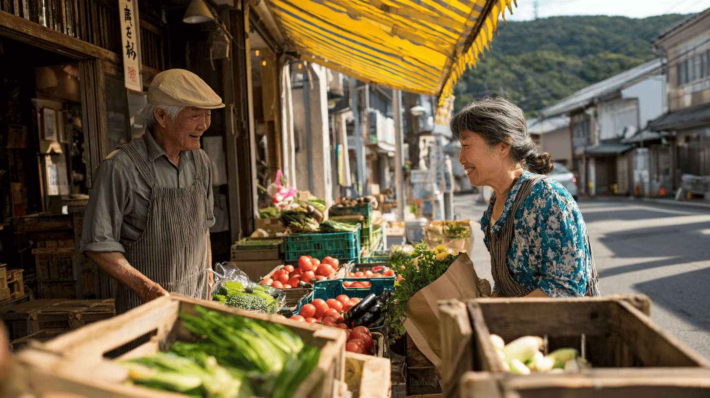 A vendor and a shopper chatting over fresh produce at a morning market