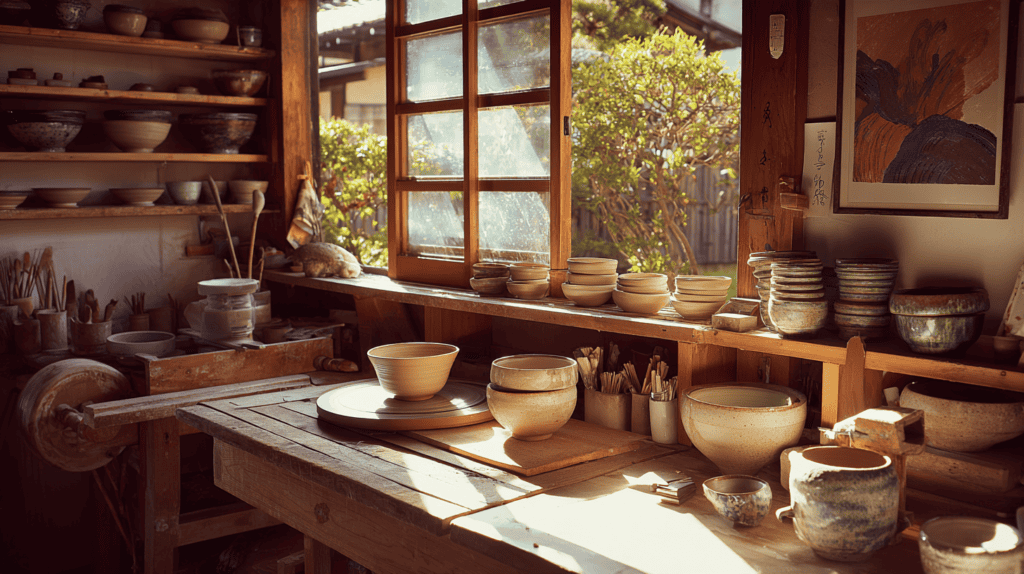 A sunlit pottery workshop with handmade tea bowls drying on wooden shelves