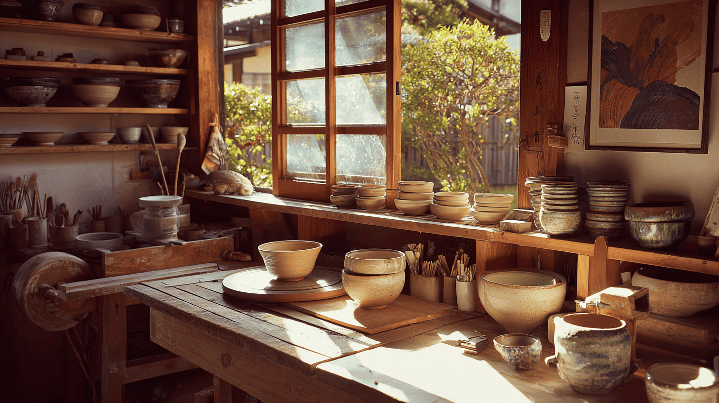 A sunny ceramics workshop with handmade tea bowls drying on wooden shelves, where many Japanese collectibles begin