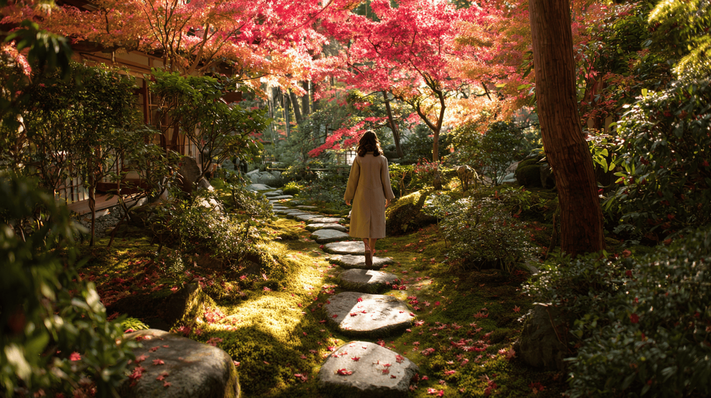 A woman walking a Kyoto garden path under autumn maples