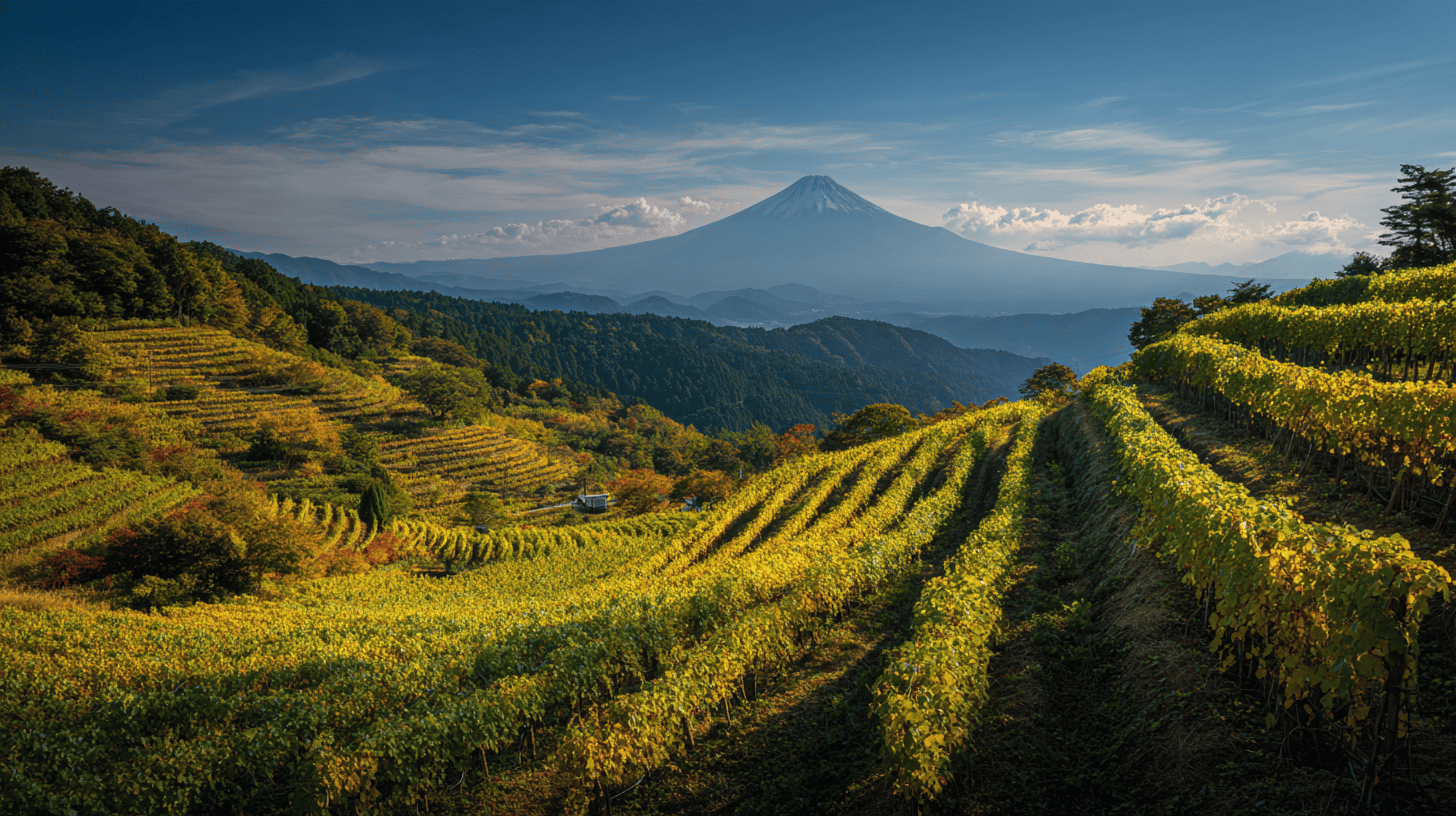 Vineyards in Yamanashi, the former Kai Province, with Mount Fuji beyond
