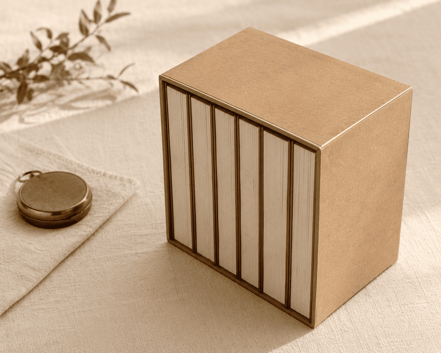 A closed kraft box set of books beside a brass pocket compass on linen, the kind of keepsake set manga shopping turns up