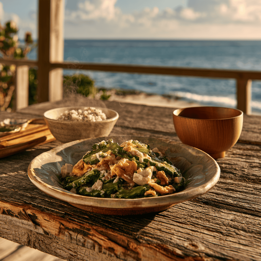 A seaside table set with goya champuru, rice and vegetables